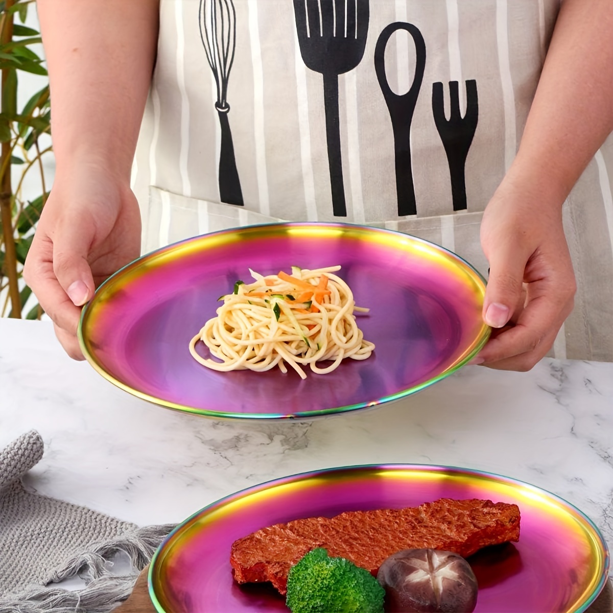 

4pcs Stainless Steel Dinner & Salad Plate Set - 9.1" Colorful Metal Serving Dishes, Unbreakable, Dishwasher Safe For Home & Camping