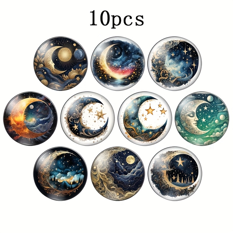 TEMU 10pcs 20mm/25mm Glass Cabochon Findings - Magical Moon & Starry Night Watercolor Designs, Flat Back Round Charms For Jewelry Making, Diy Crafts,