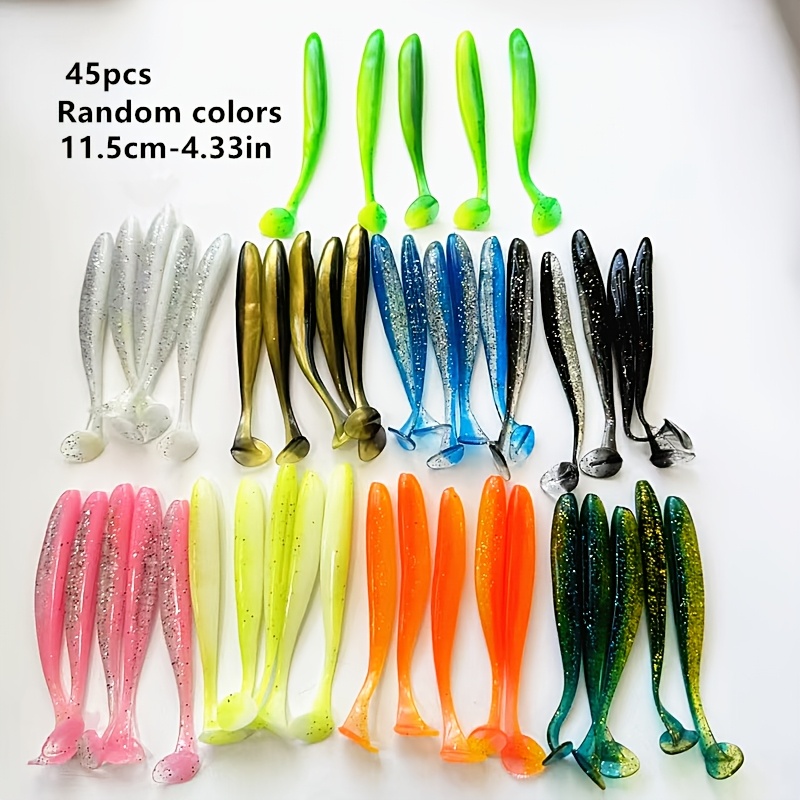 TEMU Fishing Lures 45pcs Random Mixed Colors Set T-tail Soft Baits 11.5cm-4.33in 13cm-5.12in Fake Baits Fish-shaped Realistic Bait Suitable For ,