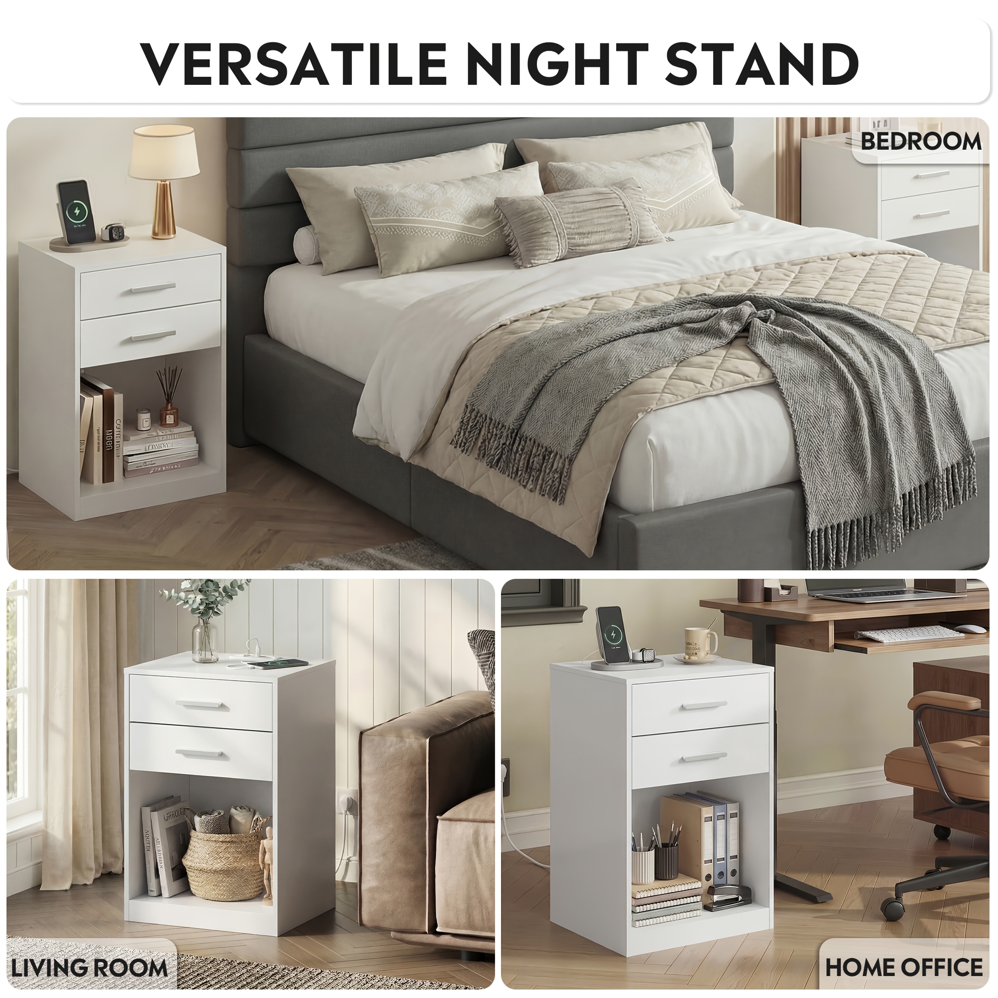 Nightstands Set Of 2, White Night Stand With Charging Station & Drawers, Night Stands For Bedroomsy For Hallway & Living Room