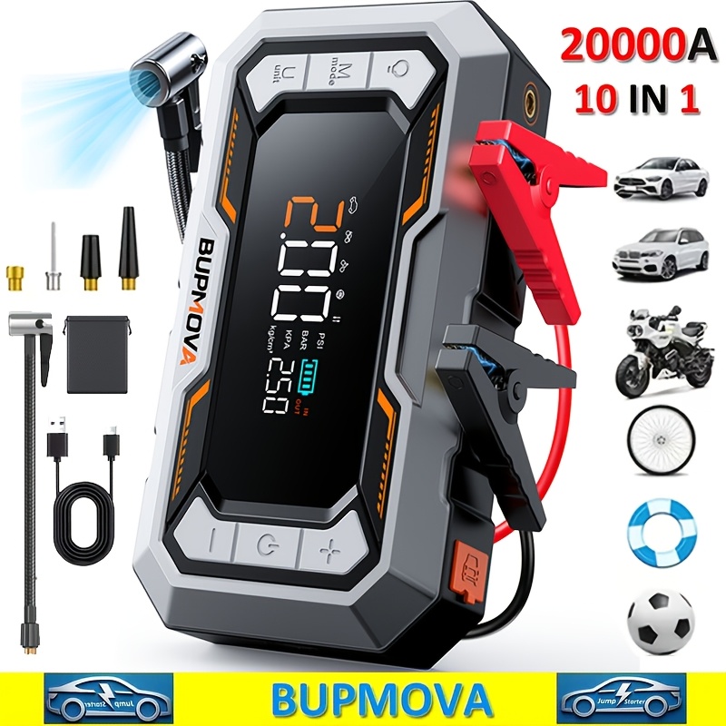 Image of Car Jump Starter With Air Compressor Cordless Tire Inflator, Car Battery Booster With Power Bank Pack & Led Flashlights, 12v Auto Jumper Gas Or 10.0l Vehicles, Dual Air Pressure Display