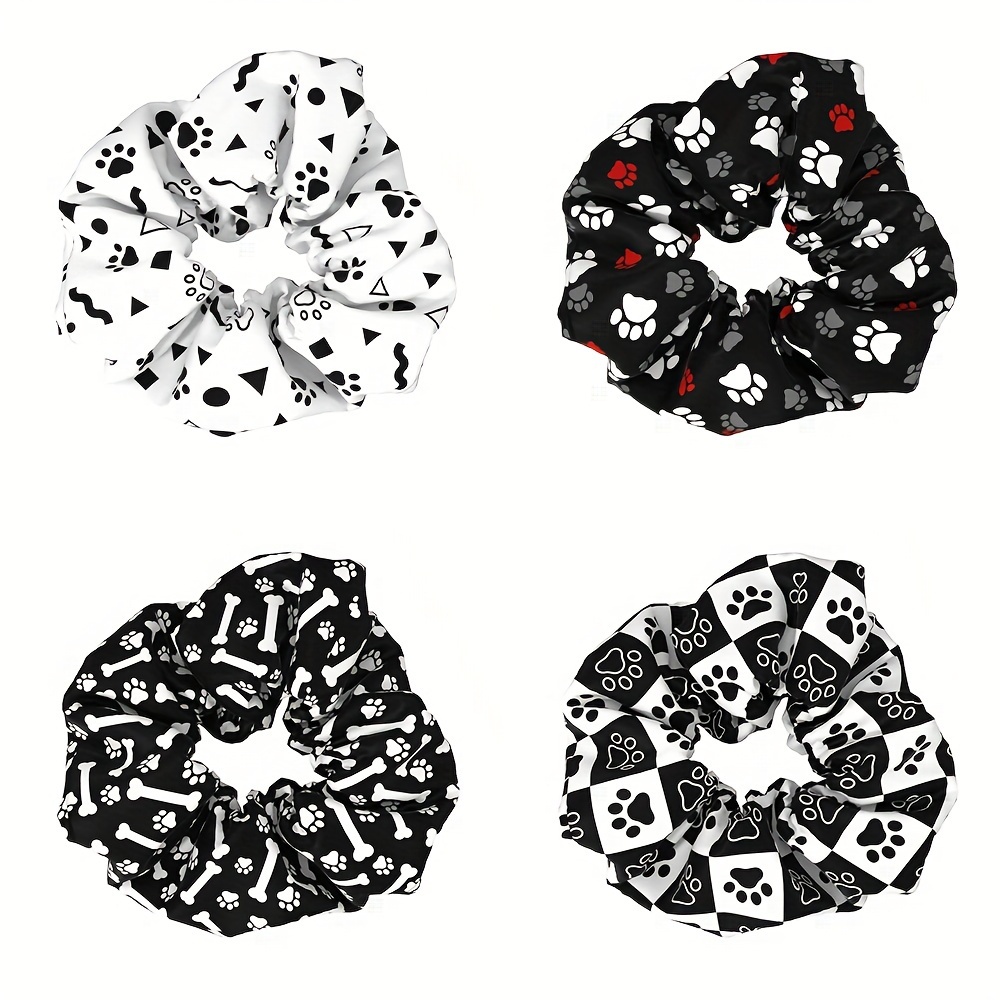 

Minimalist Style, Pack Of 4 Animal Print Scrunchies - Cute & Hair Ties With Paw, Bone, And Heart Designs For Women And Girls