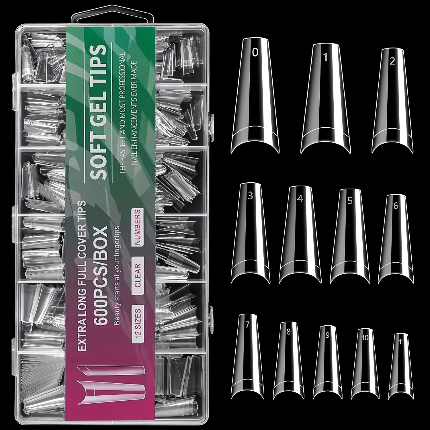 TEMU 600pcs Transparent Half Press-on Coffin Fake Nails In 12 Sizes Acrylic Wearable Nails, Clear Cowboy Tips For Nail And Home Diy
