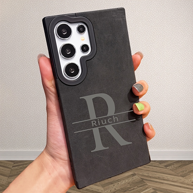 TEMU Phone Case: Personalized Luxury Engraving Name Initials Faux Leather Phone Case For For Galaxy S25 S24 S23 S22 Ultra Magnetic Protective Cover