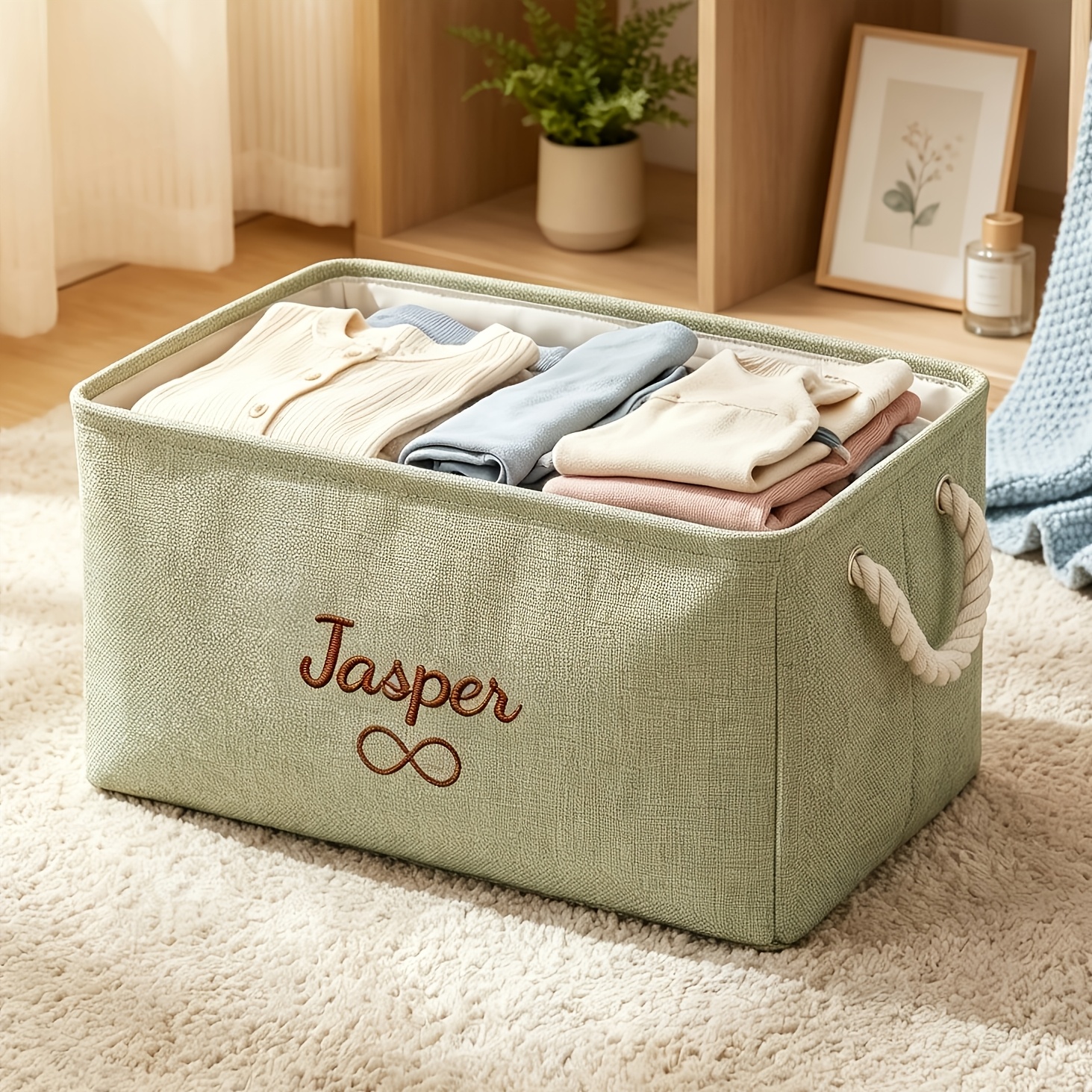 Custom Storage Basket with Handles, Personalized Foldable Bin