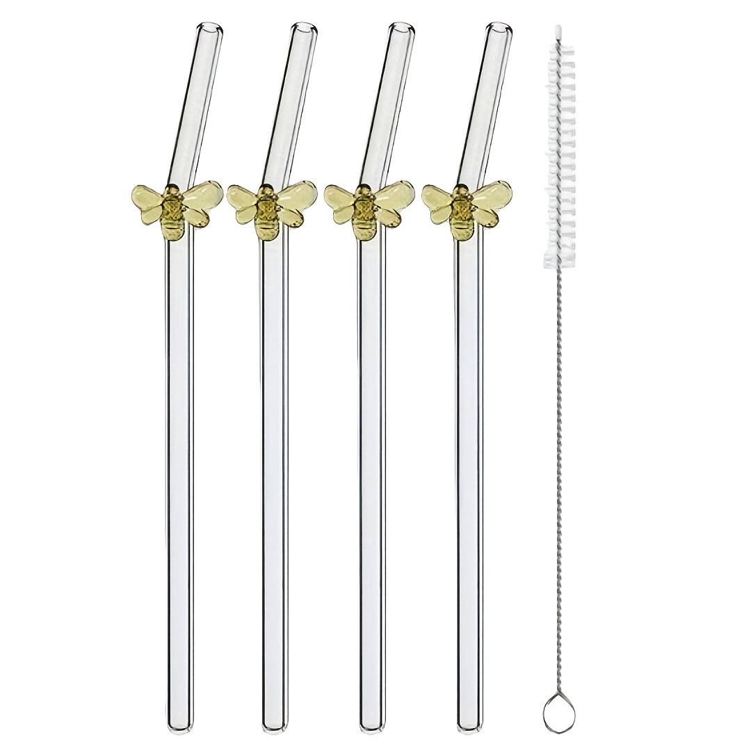 Image of 4-pack Reusable Glass Straws With Cute - -resistant Bent Tip Drinking Straws, Clear Glass For Smoothies, Juices, Cocktails - For & Pets, Glass Gift For (7.9in X 8mm)