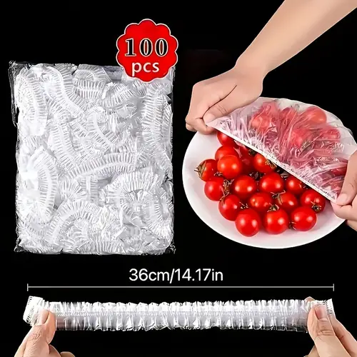 100pcs reusable elastic food storage covers stretchable leakproof airtight seal transparent plastic wrap alternatives for bowls plates containers kitchen dishwasher safe fits round dishes ideal for office replacement for aluminum foil plastic wrap reusable food storage bags kitchen essentials stretchable cover material