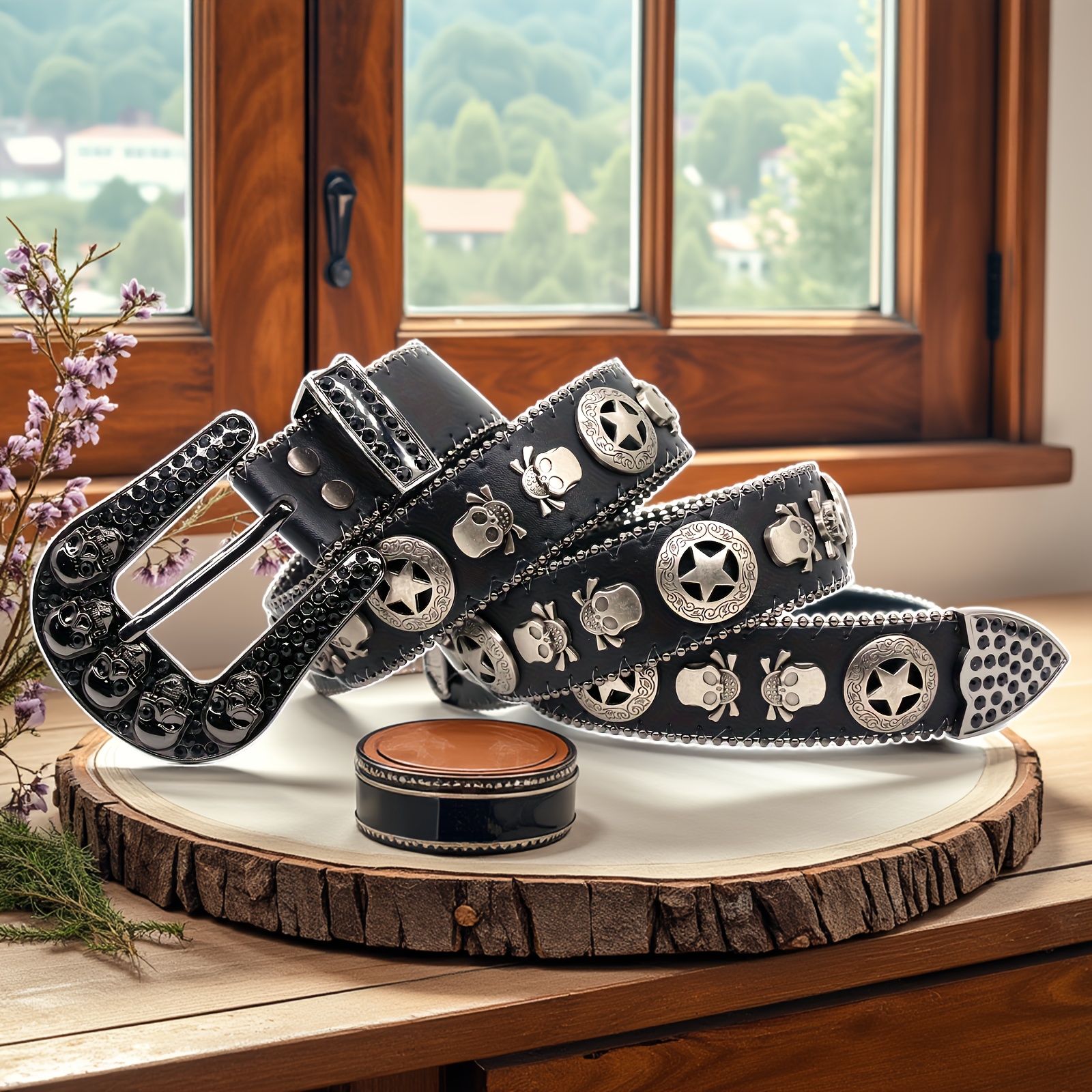Skull Belt with Rhinestone Hardware Buckle in Punk Style