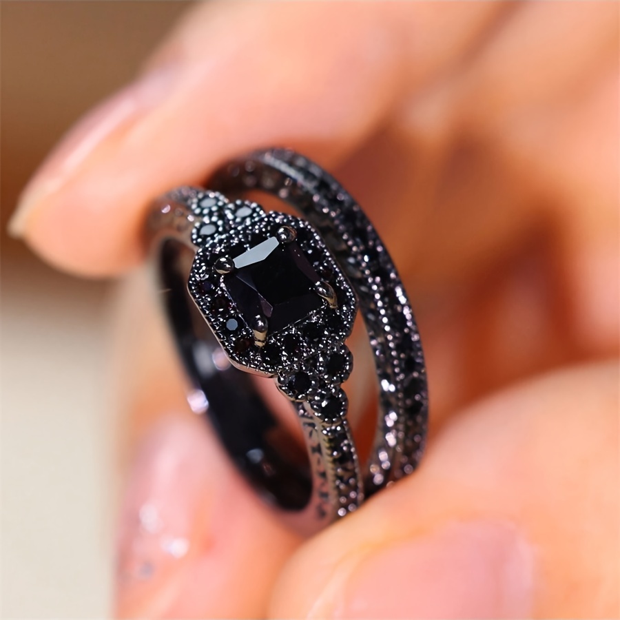 

Vintage Elegant Black Cubic Zirconia Rings For Women, 2-piece Set, Gothis Style, Fashion Jewelry Accessory