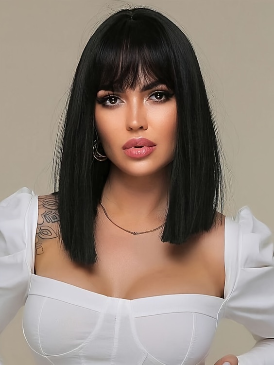 clip in human hair straight bangs extension for women elegant daily wear hairpiece black   natural   for all     styling sleek straight hair textured hairpiece details 2