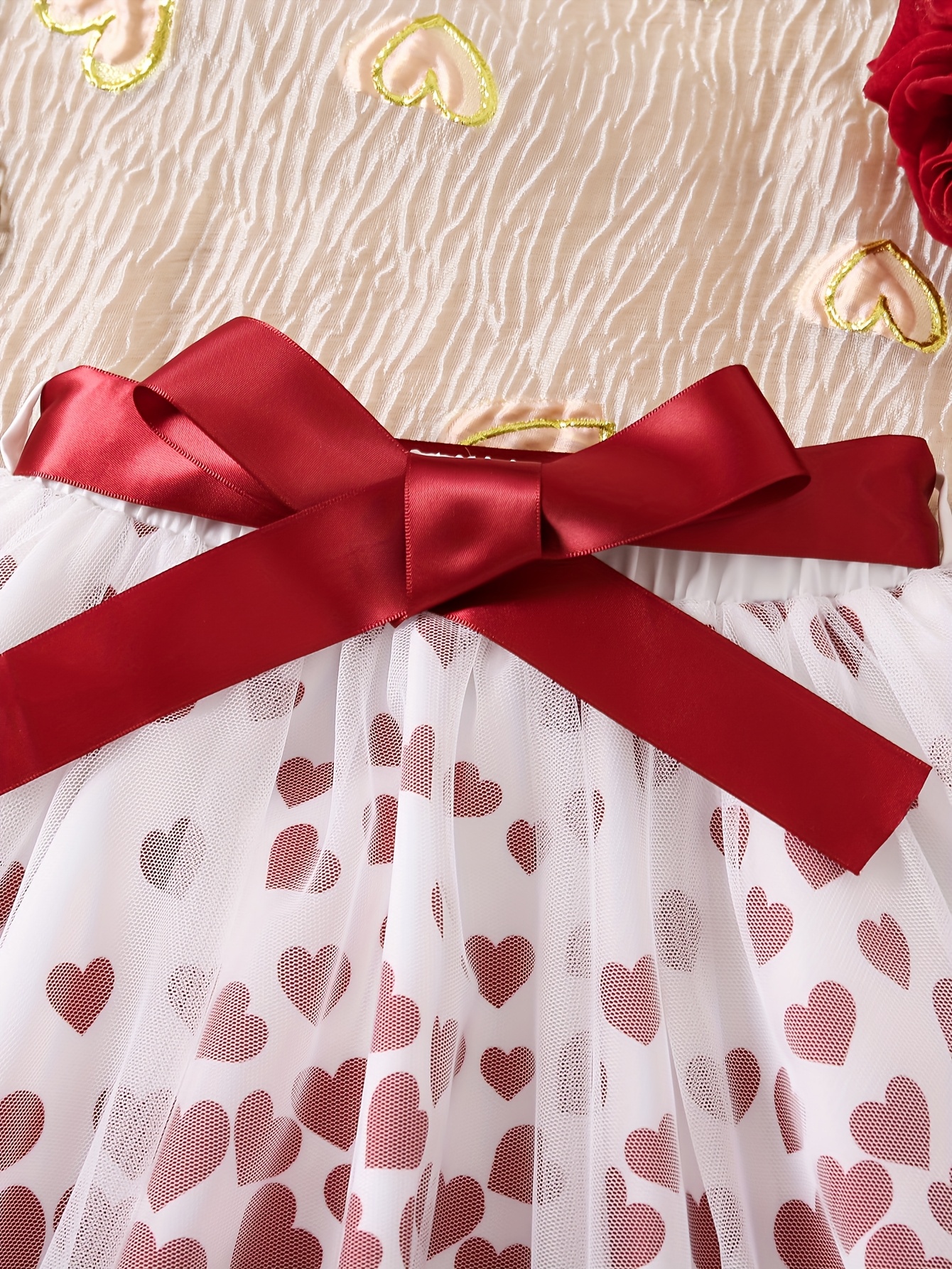 4-7Y Spring/Summer Casual Sweetheart Print Tulle Skirt with Red Ribbon  Non-Stretch Fabric, Heart Pattern, Peplum Fit, Regular Style Girls,  Casual