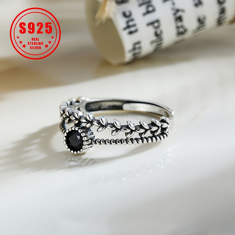 

S925 Sterling Silver Retro Leaf Ring With Black Zirconia, -plated - Fashion Accessory For And Parties, High-quality Gift For , Daily Outfits, Party Decor