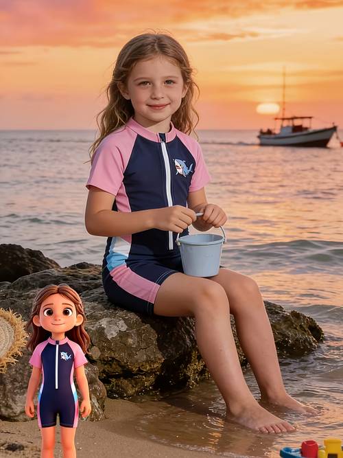 maillot de bain une pièce tendance pour filles, imprimé requin, manches courtes roses, fermeture éclair