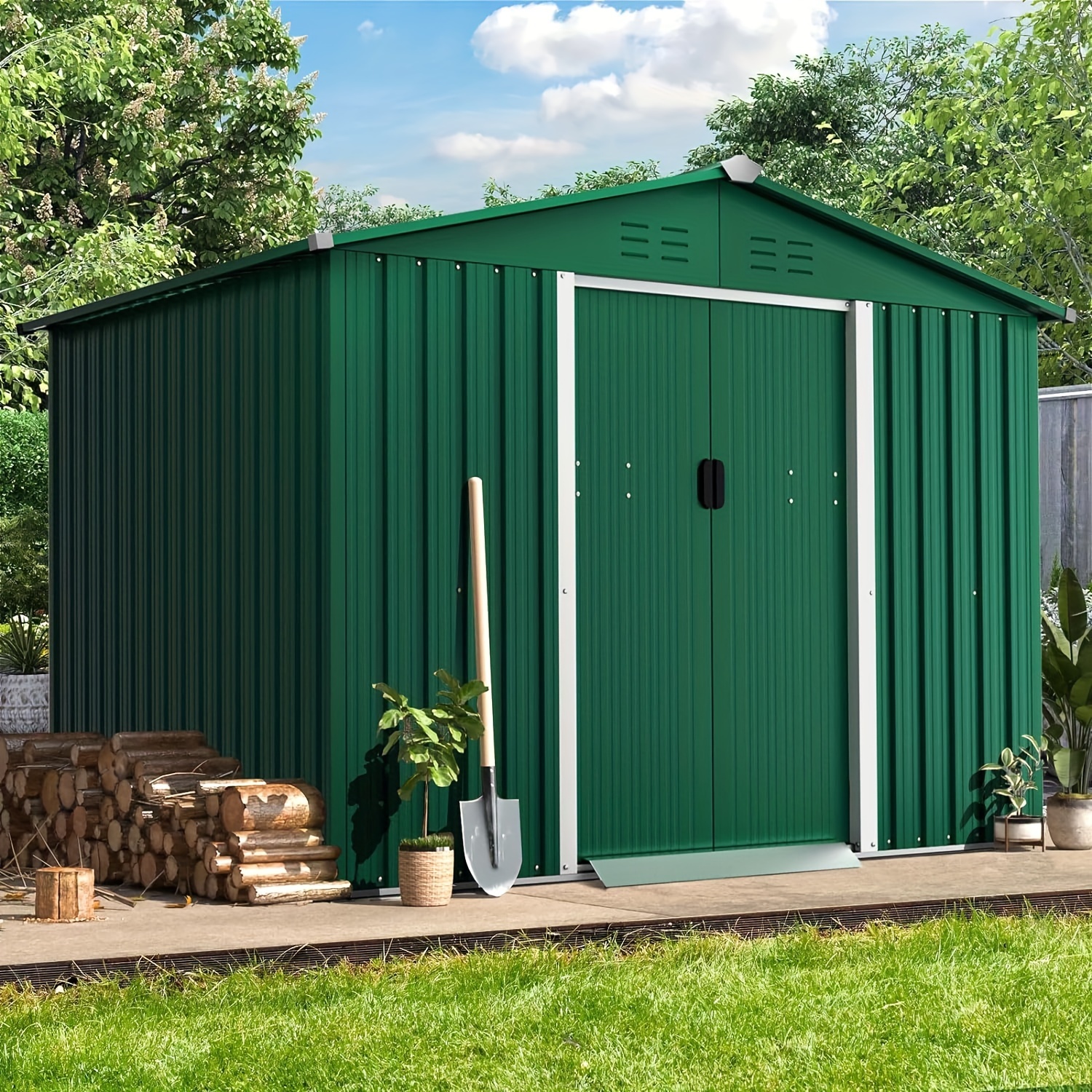 

8x6 Ft Outdoor Garden Storage Storage Tool With Sliding Door For Lawn Equipment Garden Backyard-green