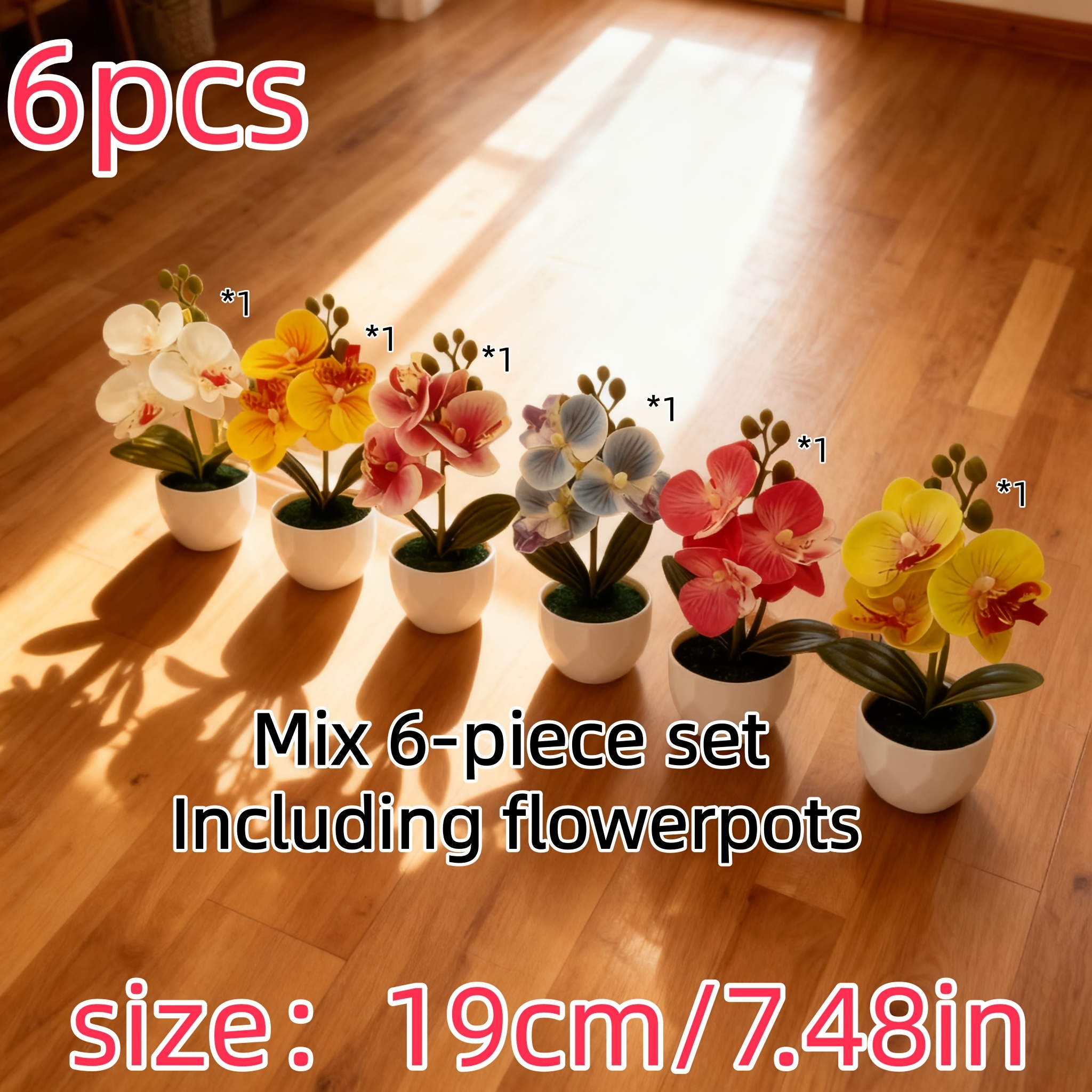 Image of 6pcs Beautiful Artificial Phalaenopsis Arrangement With White Planter Set - Green Leaves And Realistic Multi-colored Flowers - Floral Arrangement, Home Decor, Office Decor, Photography Fake Bonsai