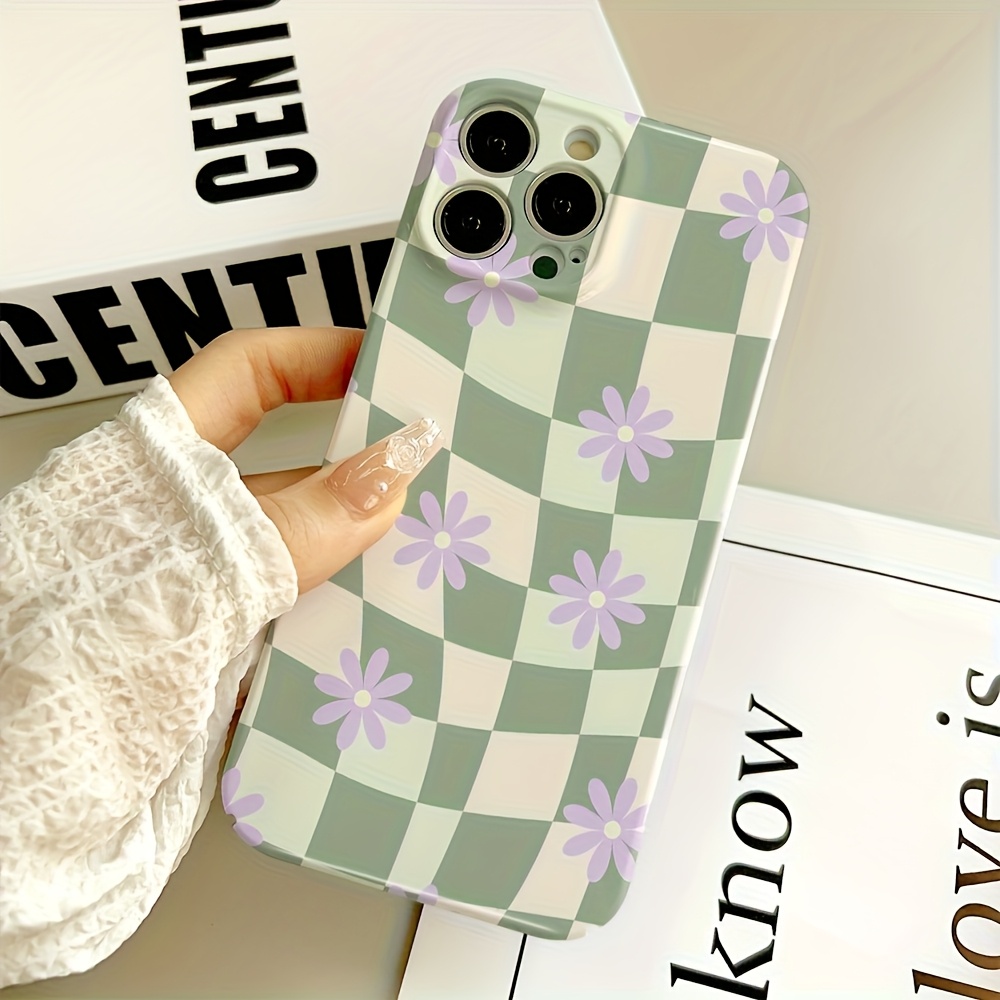 TEMU Phone Case - 1pc Flower Green And Light Yellow Plaid Pattern Cute Phone Case, All Inclusive Shockproof Hard, Phone Cover Suitable For Iphone 17,
