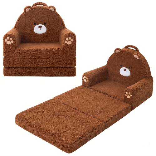 2 in 1 convertible kids couch fold out lounger soft chair high density foam sofa cute brown bear playroom nursery furniture for boys girls room decor