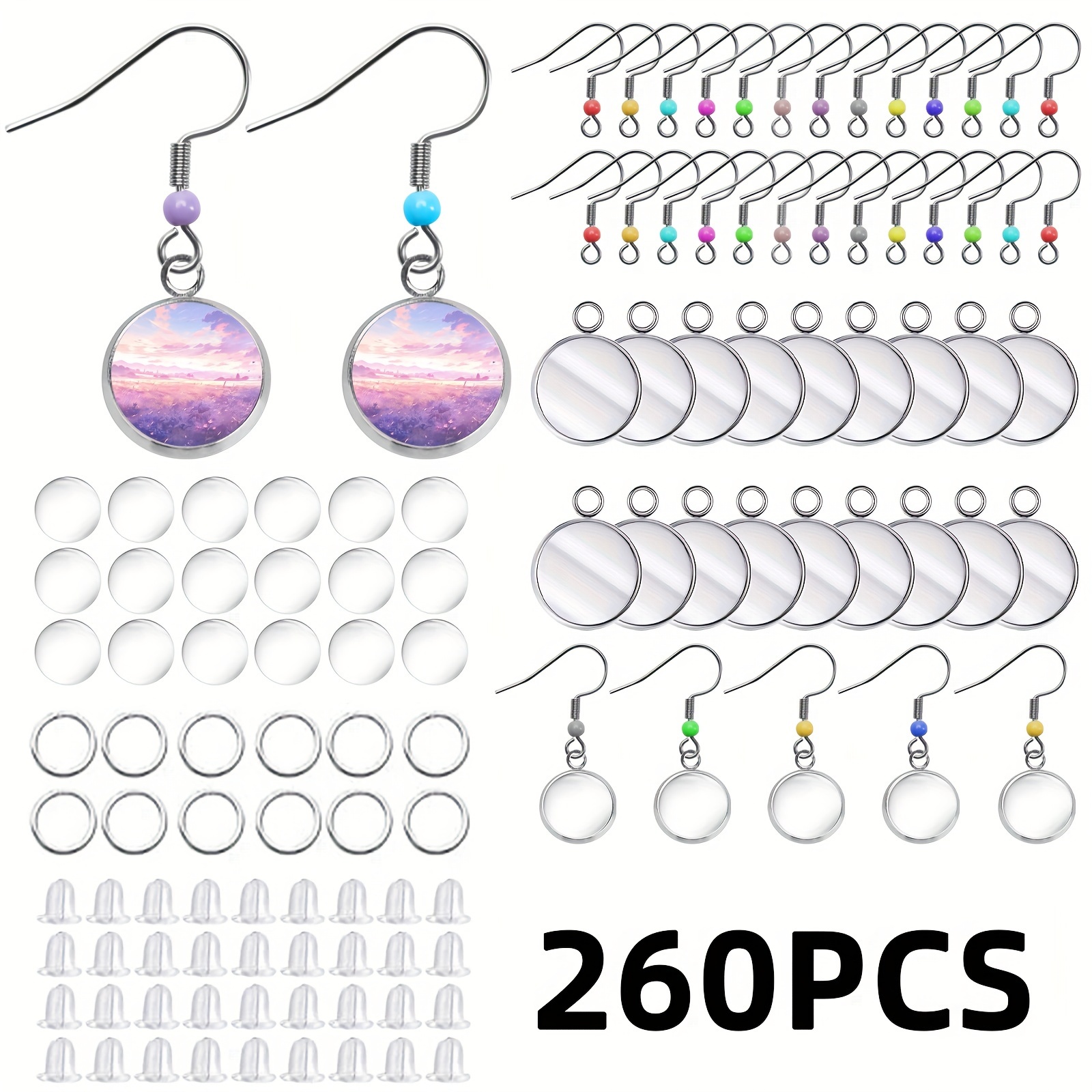 Image of Earring Making Kit With 50pcs Color Ball Earring Hooks Findings, 30pcs Stainless Steel Hang Tag, 30pcs Glass Cap, 100 Earring Backs, 50pcs Jump Rings For Jewelry Making Supplies, 260pcs