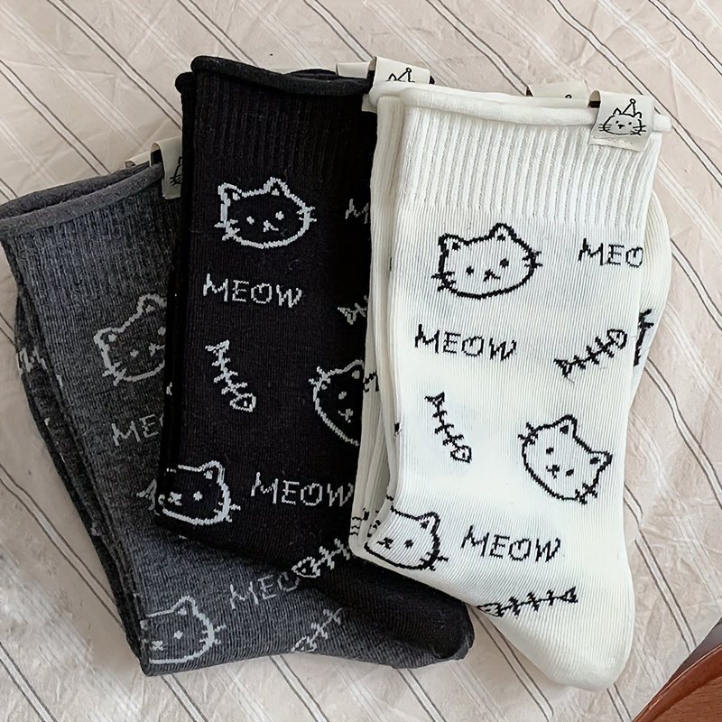 Image of 3 Pairs Of Women's Socks Featuring Cute Cats, Korean Style, Casual And Fashionable Cartoon Mid-calf Socks