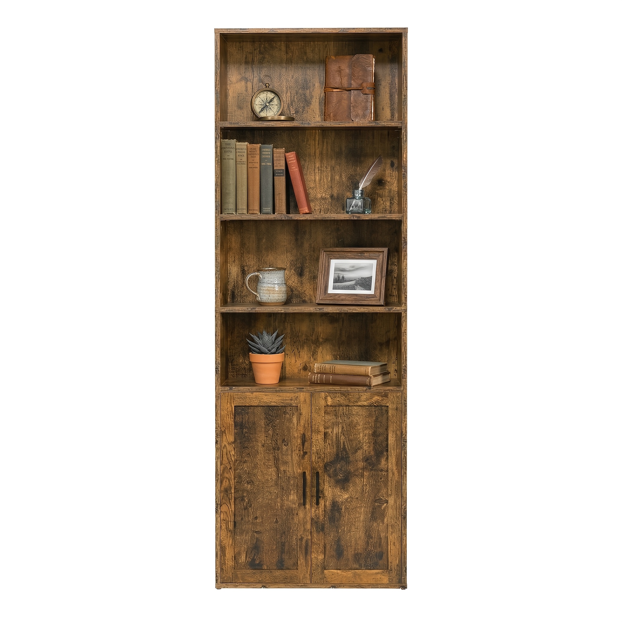 Image of Bookcase, 6-tier Tall Bookshelf, Book Shelf With Doors, Shelving Unit, 24 X 60 X 175cm, For Living Room, Home Office, Dinning Room, Rustic Brown, White