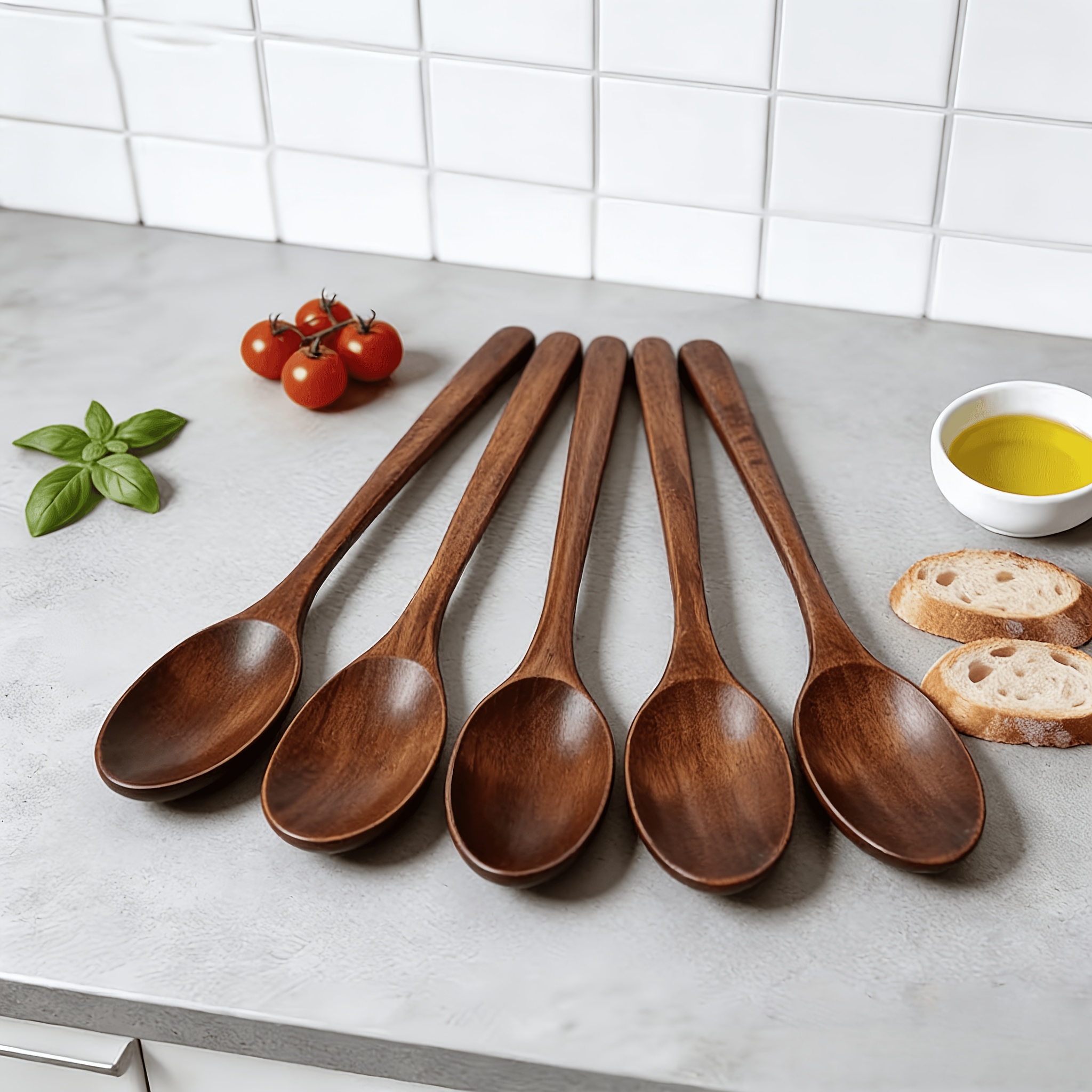 TEMU Juego de 5 cucharas de madera de mango largo de 23 cm/9 pulgadas, vajilla de cocina estilo japonés, cucharas de mesa fáciles de usar - Finamente