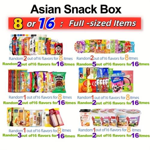 8 or 16 full size japanese korean and chinese snacks drinks desserts and candies sweet crispy treats from around the world snacks portable single serve packaging office snacks