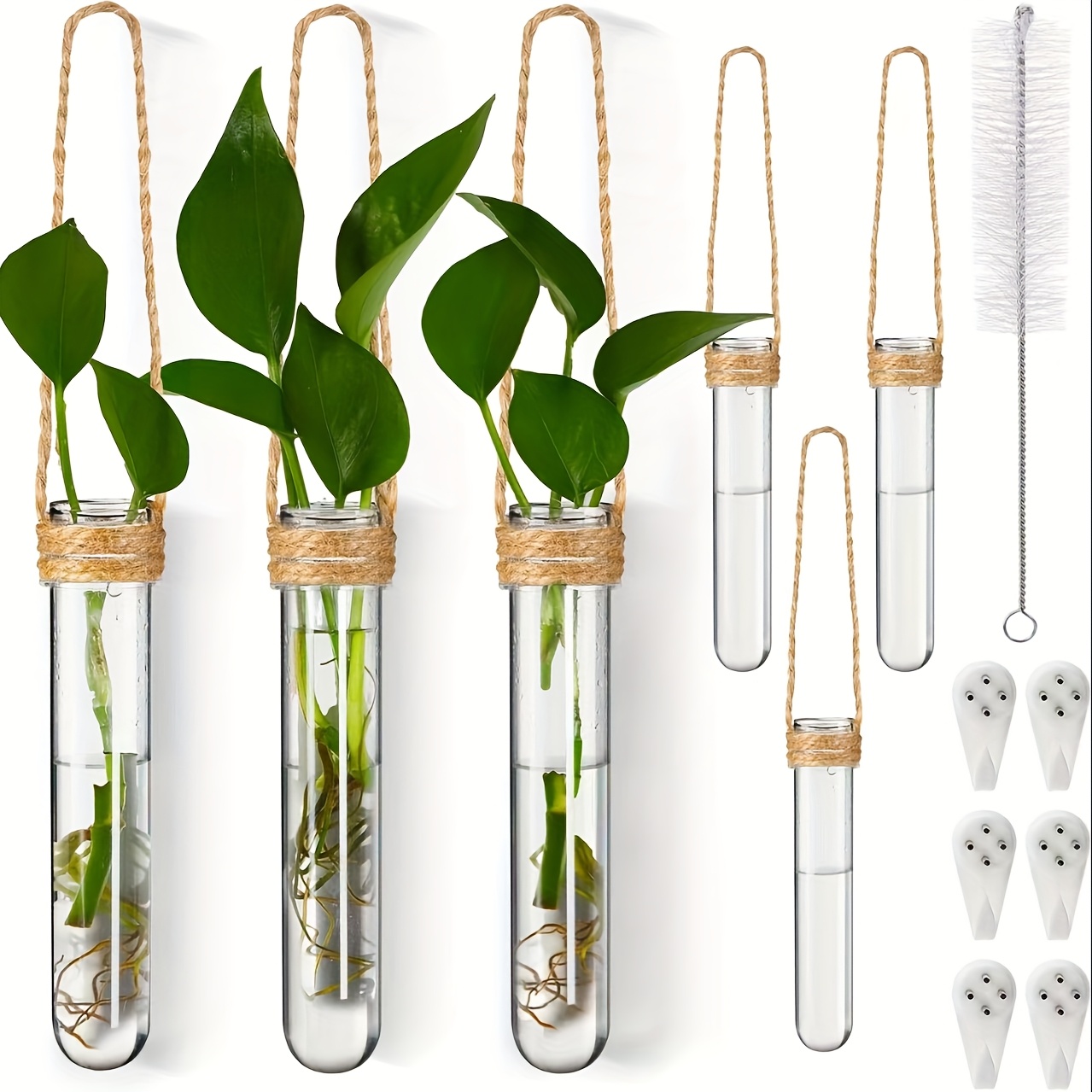 Image of 6pcs Hanging Transparent Plastic Vases With Macrame Rope – Round For Indoor/outdoor Plant Propagation, Hydroponic Office & Garden Decor, Perfect Gift For Flower Lovers, Flower Vase