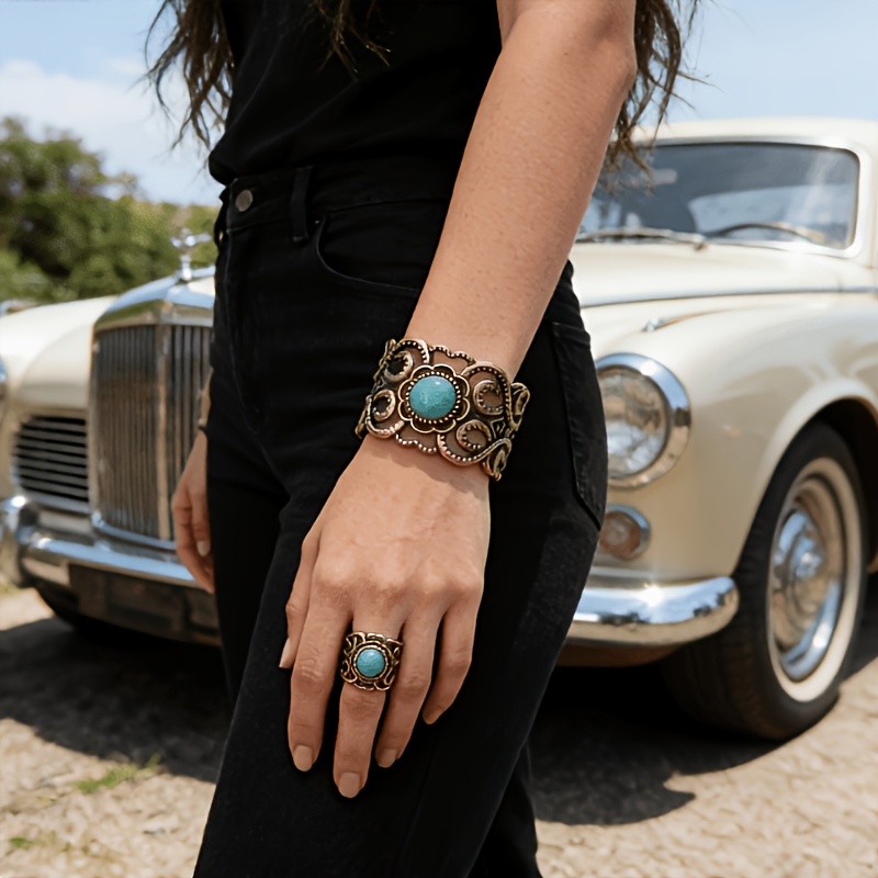 TEMU Ensemble Bague et Rétro Turquoise Américain, Large Bande Vieillie, Vêtement Style Bohème