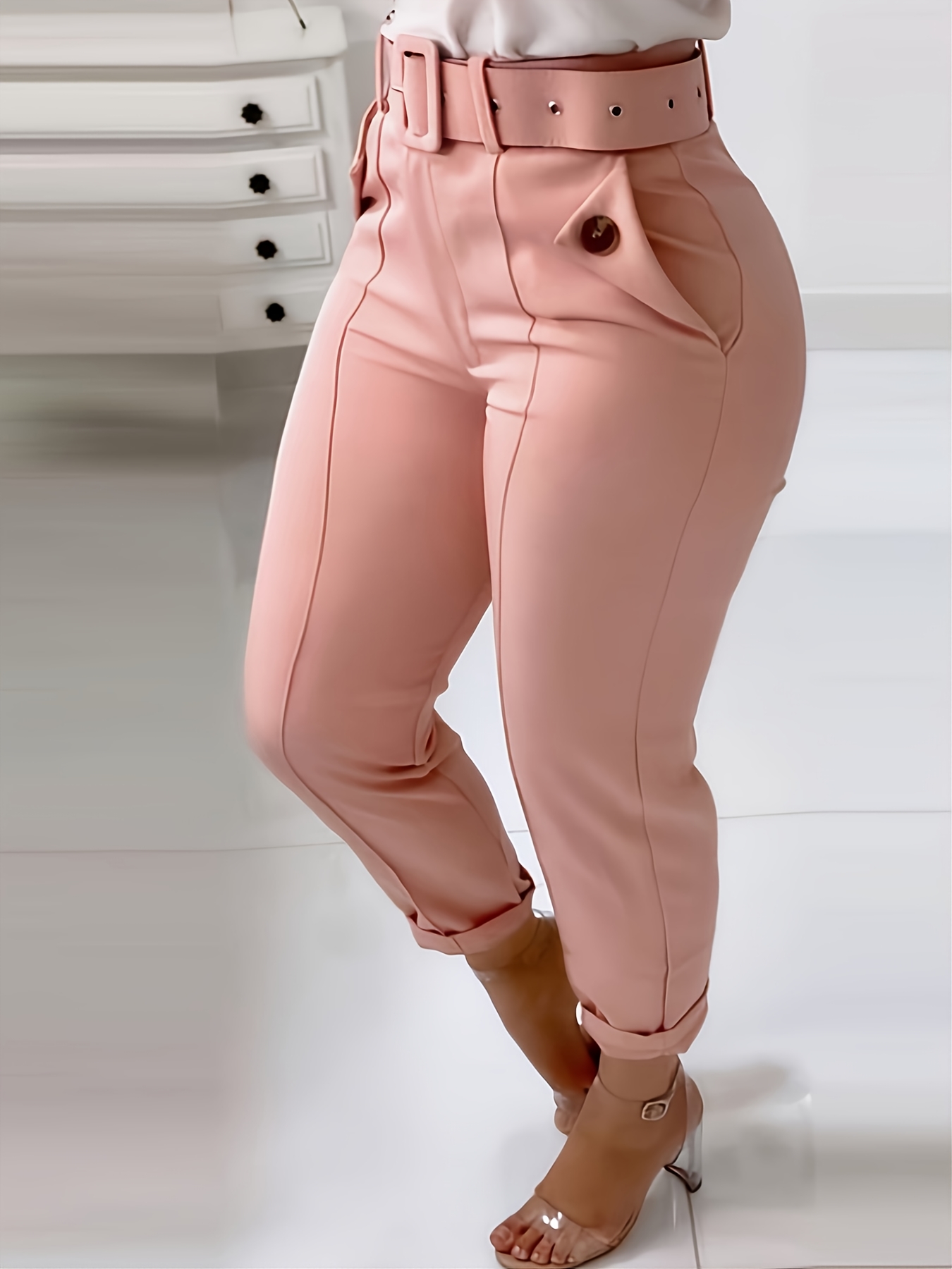 Women's High-Waisted Skinny Pants - Solid Color Minimalist Design, Summer Machine-Washable Trousers for Casual & Professional Wear, Versatile Plain-Colored Fashion Trousers, Casual Attire, Chic Workwear, Elegant Detailing, Office Attire, Sleek Silhouette, Lightweight Fabric, Stylish Bottoms, Office Women