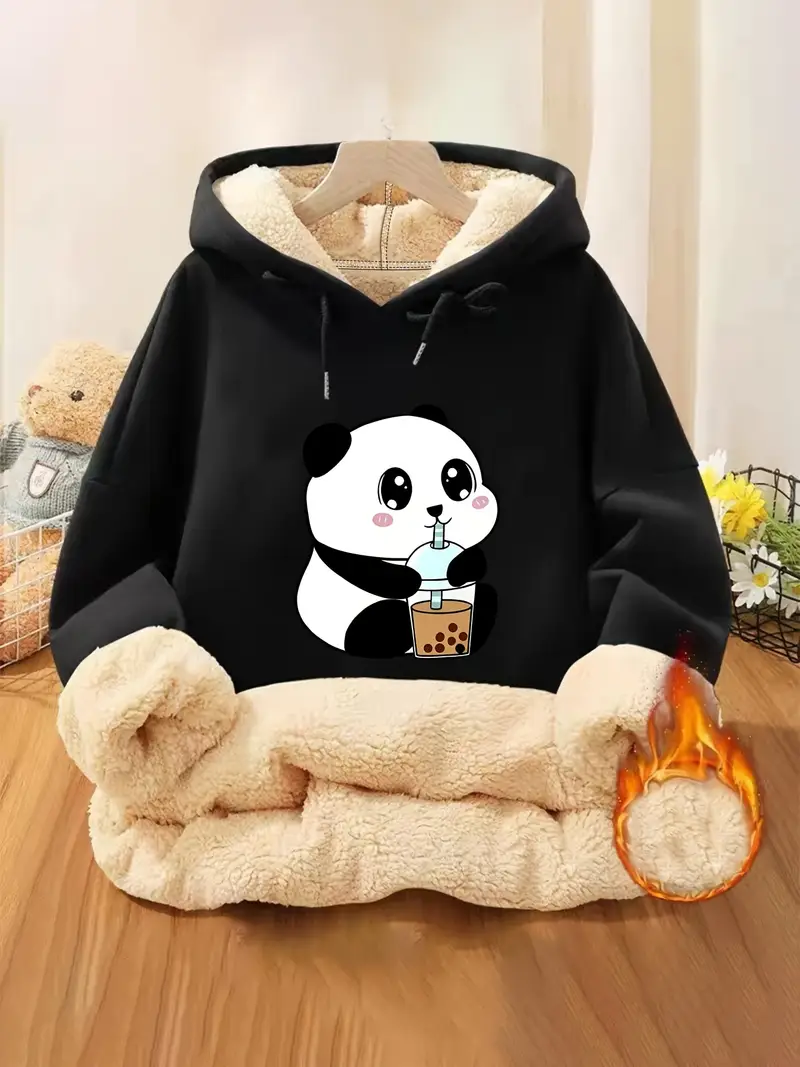 Women's Cozy Fleece-Lined Hooded Sweatshirt with Cute Panda Print Long Sleeve, Warm Plush for Fall/Winter, Green, Polyester, Machine Washable, Aut