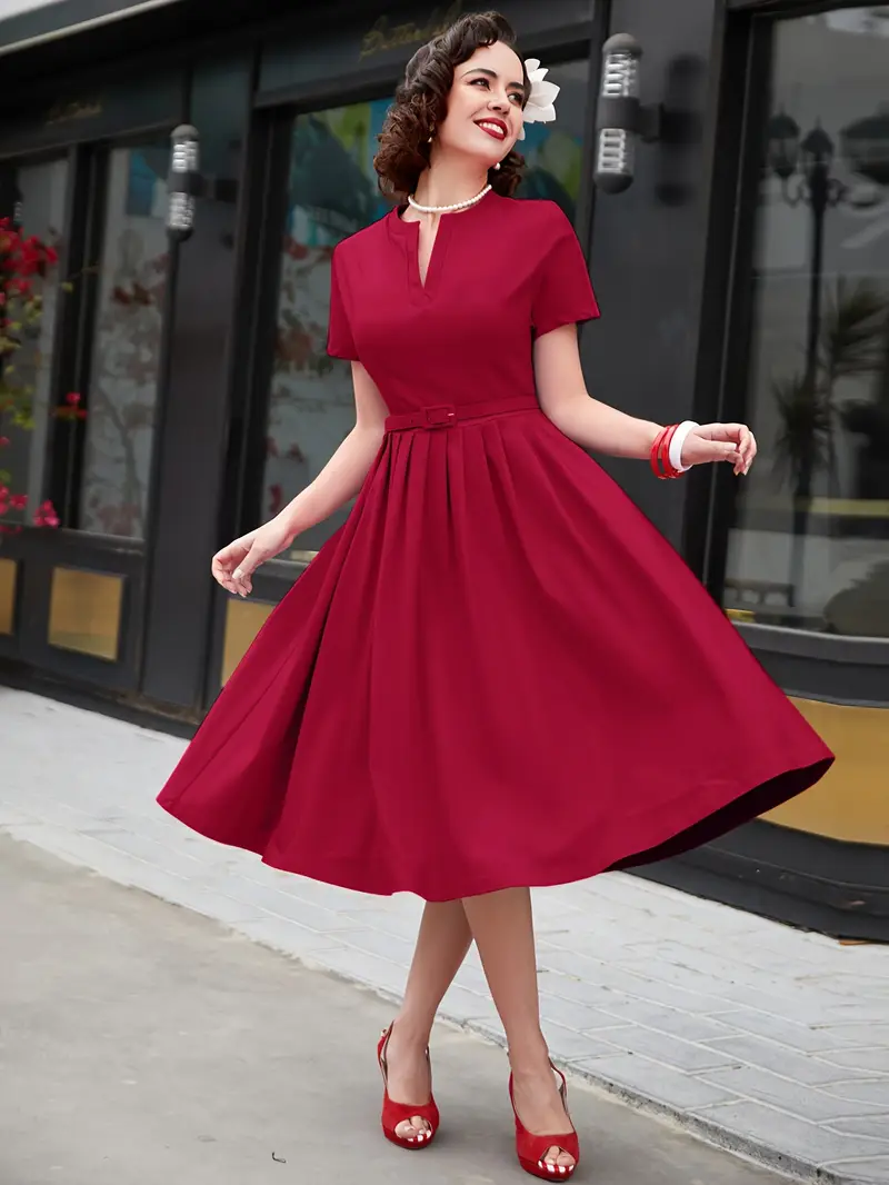 Elegant Vintage-Inspired Midi Dress with Belt - Notched V-Neck, Short Sleeve, Pleated Skirt for Women - * Parties & Casual Wear * Elegant Vintage-Inspired Midi Dress with Belt - Notched V-Neck, Short Sleeve, Pleated Skirt for Women - * Parties & Casual Wear *