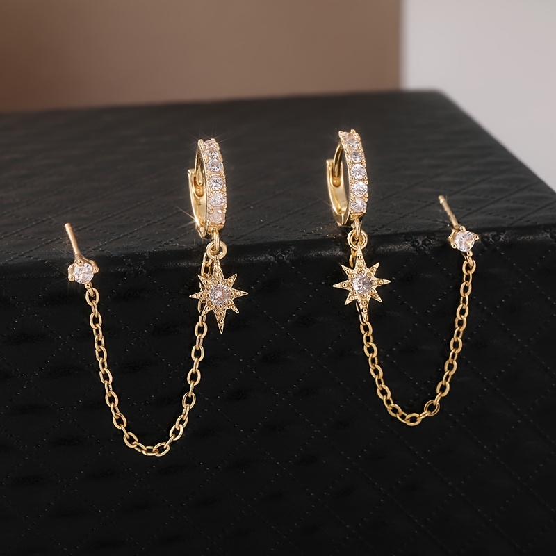 TEMU 1 Pair Of Individual Elegant Tassel Chain Star Earrings Pendant Inlaid Ice Feeling Synthetic Zirconia, Exquisite And , Suitable For Women's