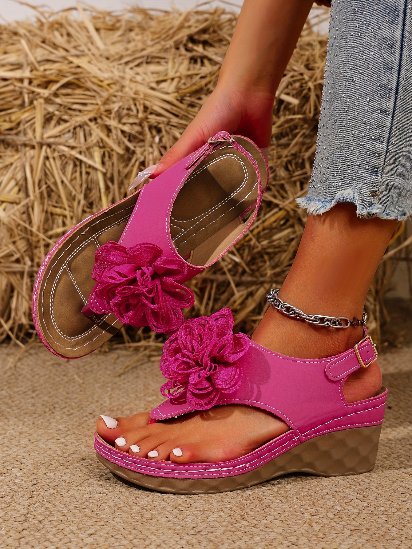 womens summer wedge sandals slip on open toe casual shoes with floral accents soft synthetic cover pu sole comfortable lightweight design for beach office or casual attire Product details 7