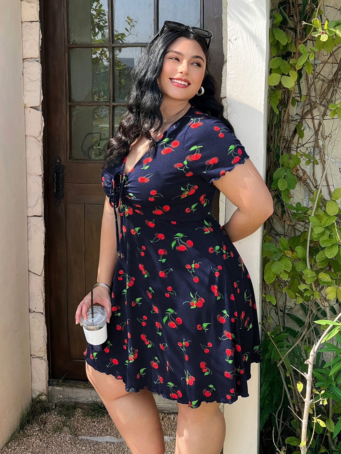 Plus Size Cherry Print A-Line Dress with Ruffle Detail, Elastic Waistband,  V-Neck, Short Sleeve, Summer Style Setting, Floral Dress V
