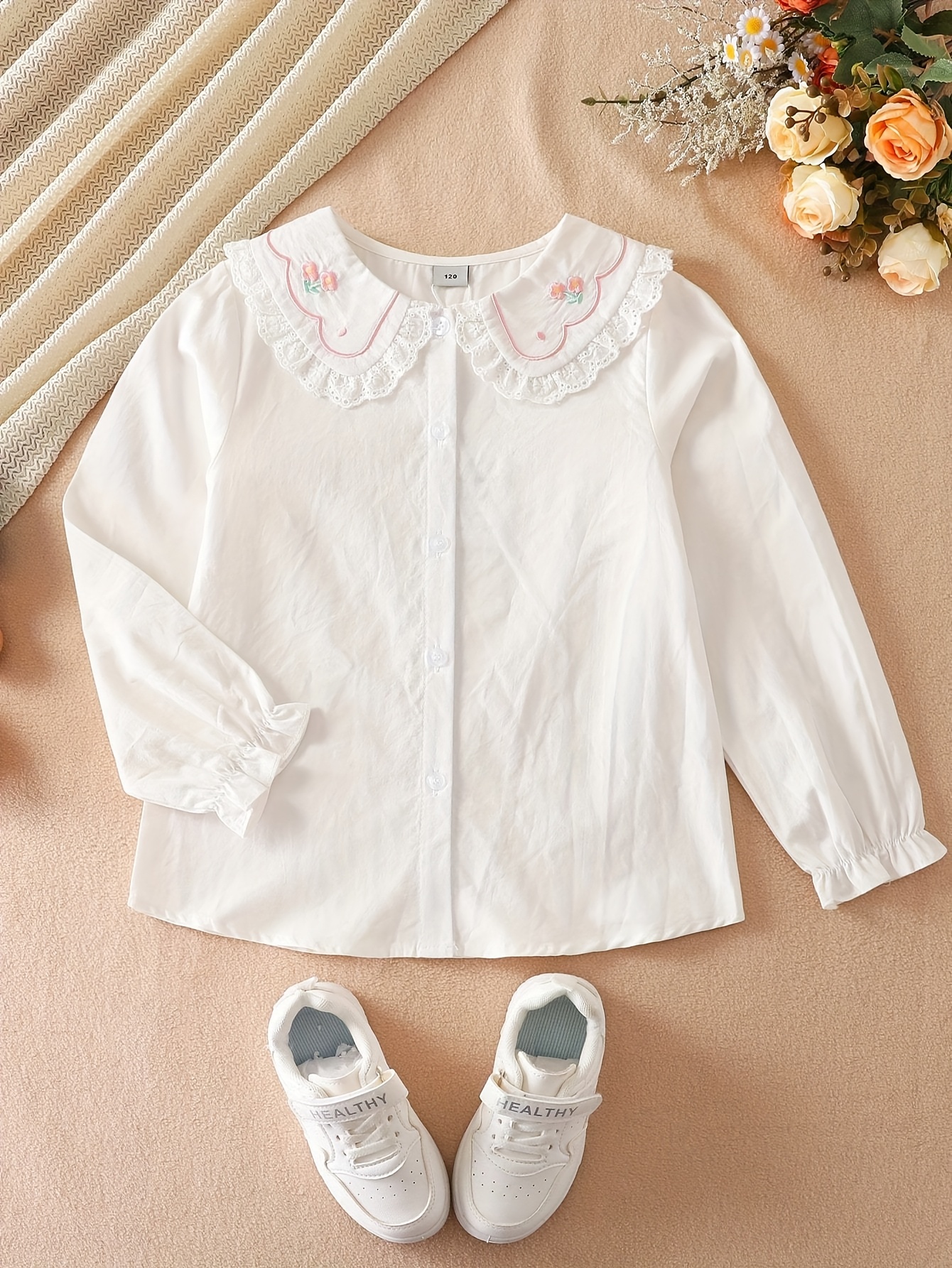 girls white lace trim blouse collar short sleeve Temu Pakistan
