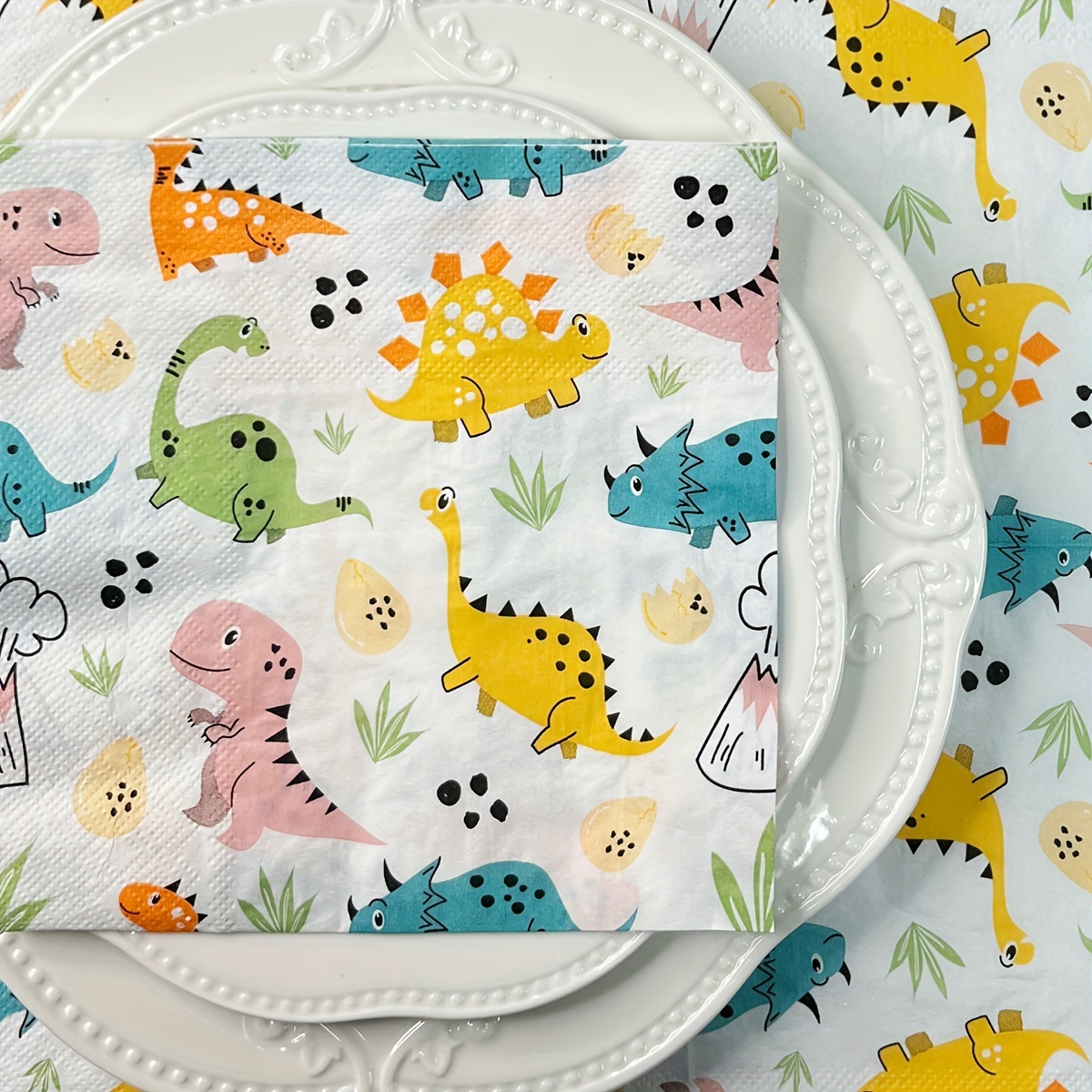 20pcs/set, Disposable Fun Cartoon Dinosaur Colorful Printed Napkins 13x13inch, Birthday Holiday Party Decoration Tissues, Restaurant Party Tableware