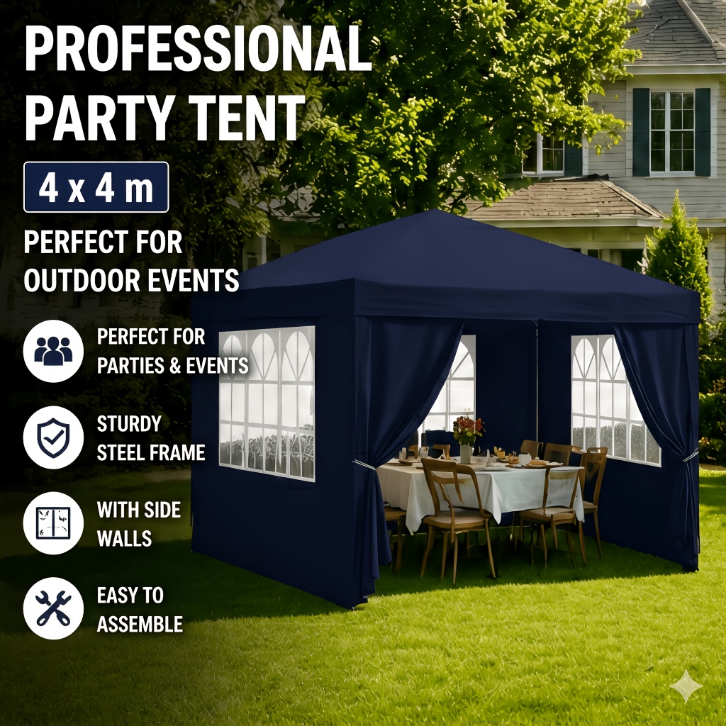 Image of Professional Party Tent With 4x4m Blue 90g/m², Spacious Enclosed Space, Thick Durable Fabric, Reinforced Frame, Quick Setup, For Large Outdoor Parties, Garden Events, Heavy-duty Party Canopy