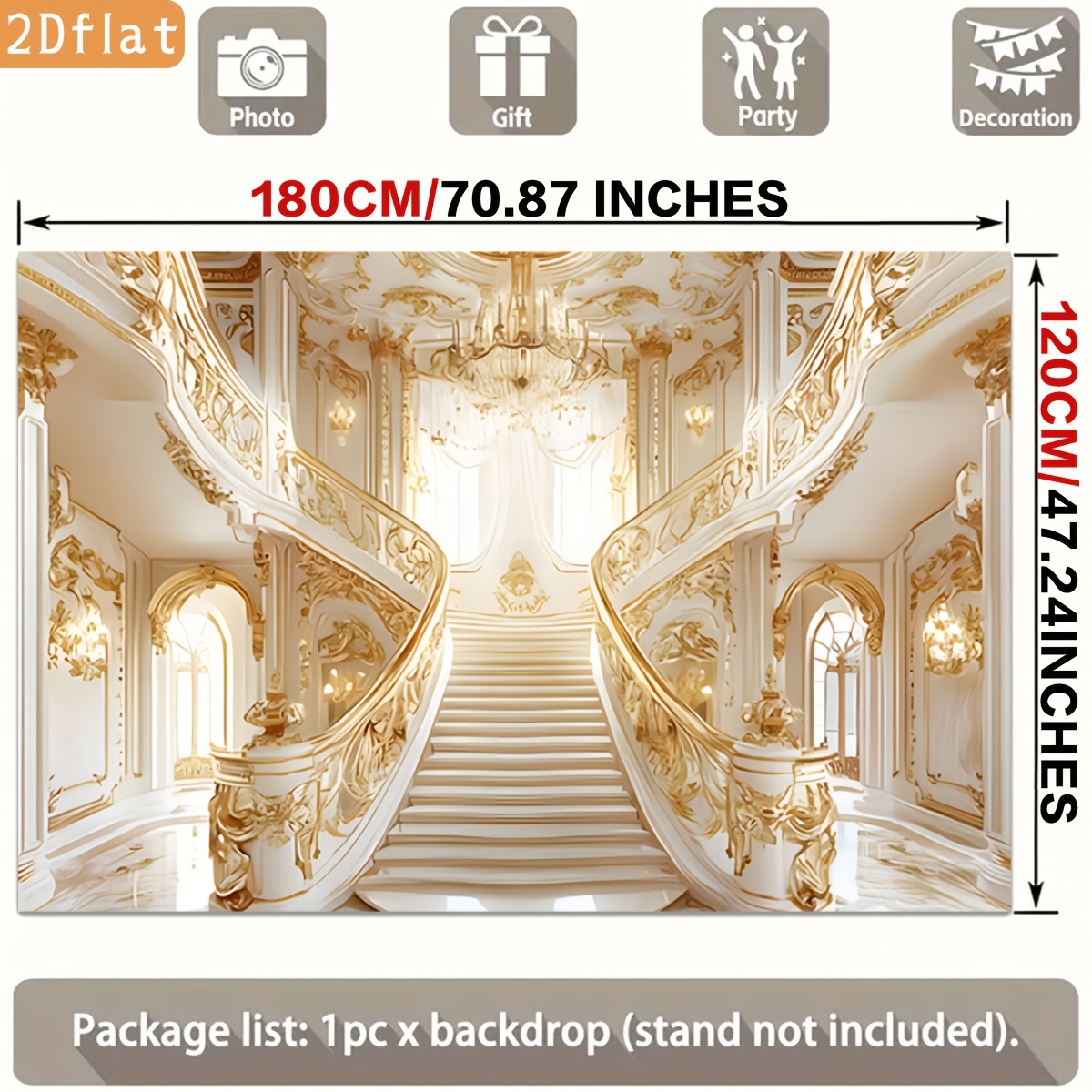 Golden Ornate Staircase White Marble Chandelier Backdrop Banner for Parties