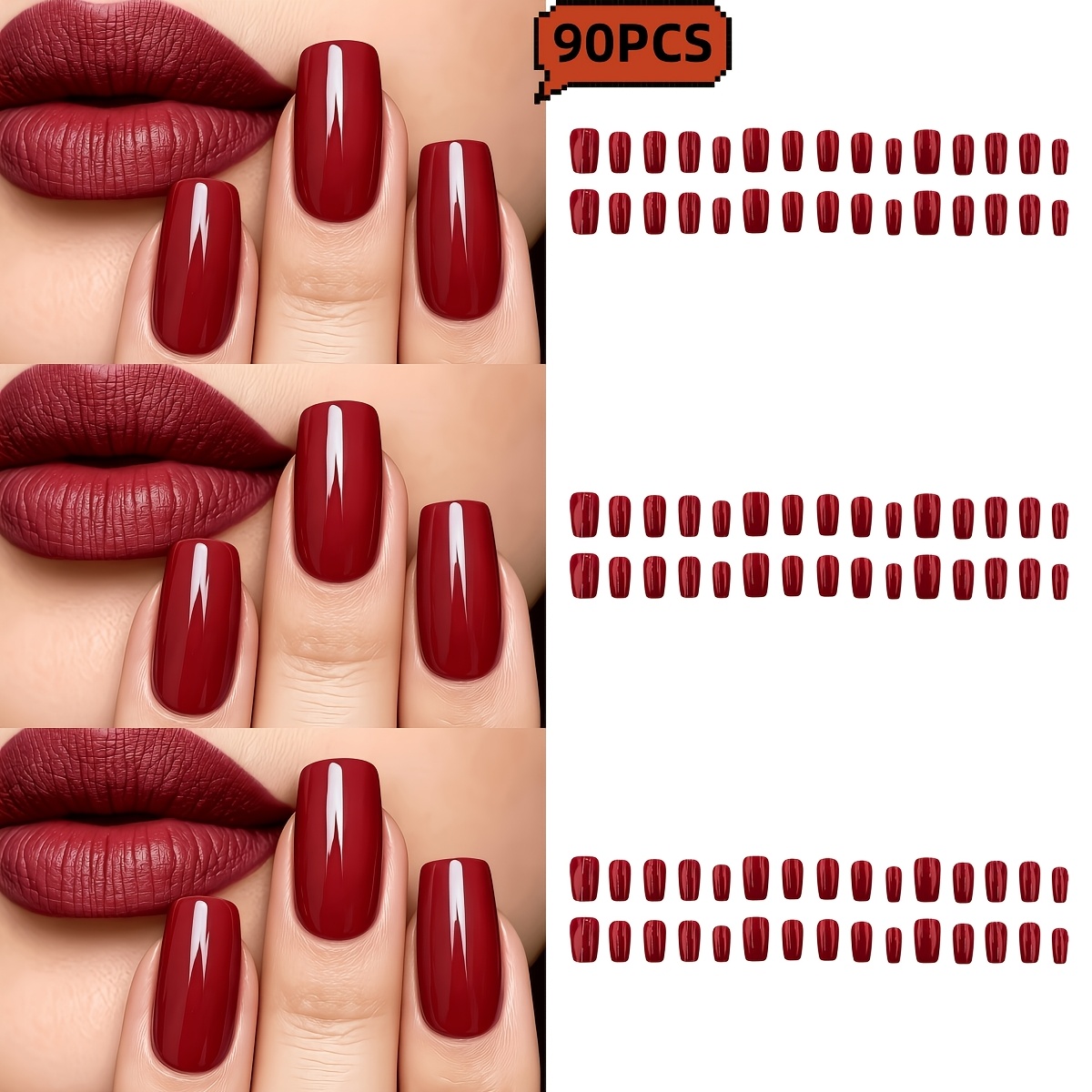 TEMU 90pcs Mid-length Square Press-on False Nails, Easy Fashionable False Nails, Glossy Bright Easy To And Reusable False Nails, With 1pc Jelly Glue