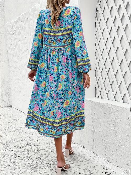 womens casual loose bohemian tassel print long sleeve dress