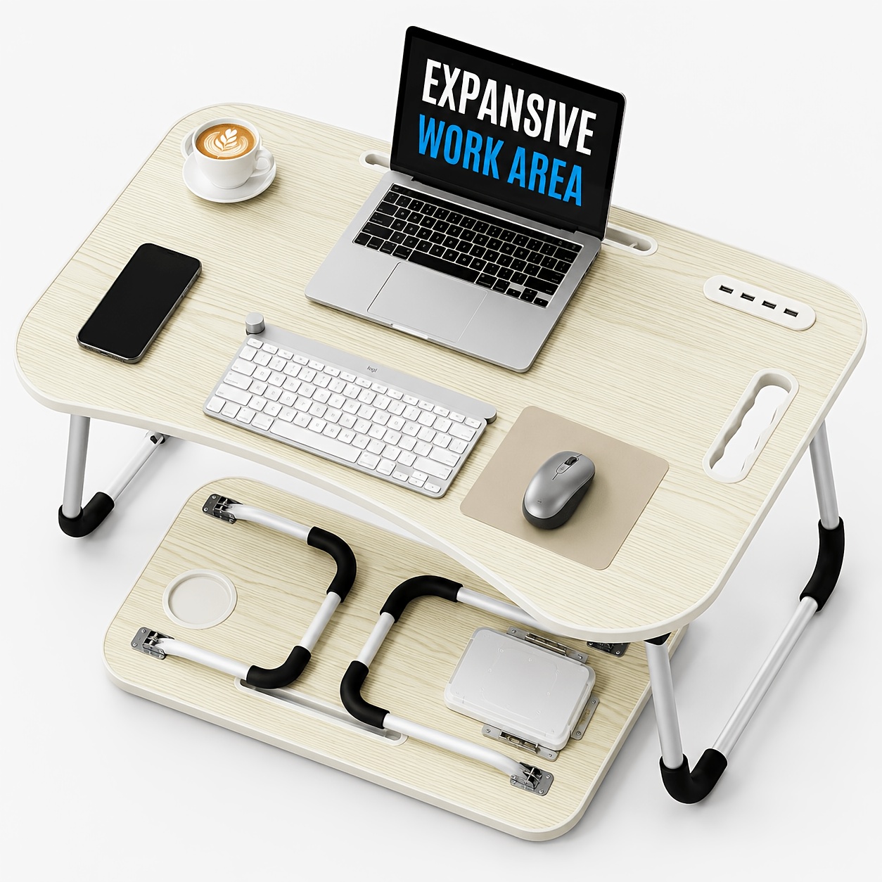 foldable laptop desk for bed with cup holder drawer usb ports tablet slot   led light mini fan and 1m usb a to type c cable