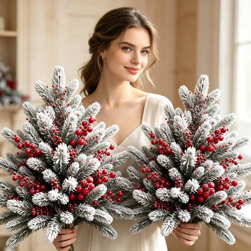 item picture 2pcs large artificial cedar christmas trees with poinsettia berries outdoor indoor suitable for gardens courtyards doorways contemporary plastic evergreen shrubs with base decor for christmas thanksgiving