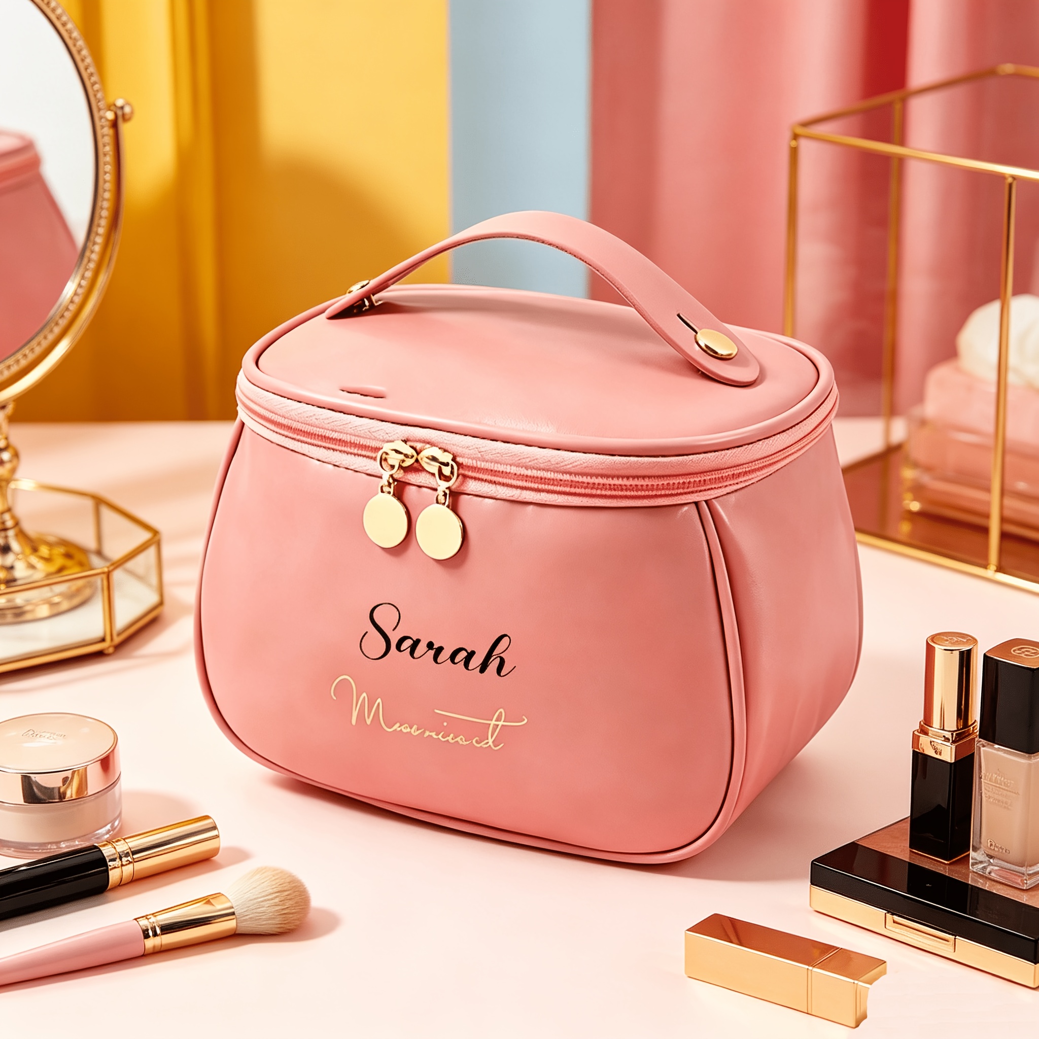 TEMU 1 Customizable Name Women's Makeup Bag, Toiletry Bag, Large Capacity Pu Cosmetic Bag With Zipper Closure, Organizer Pouch, Portable Makeup