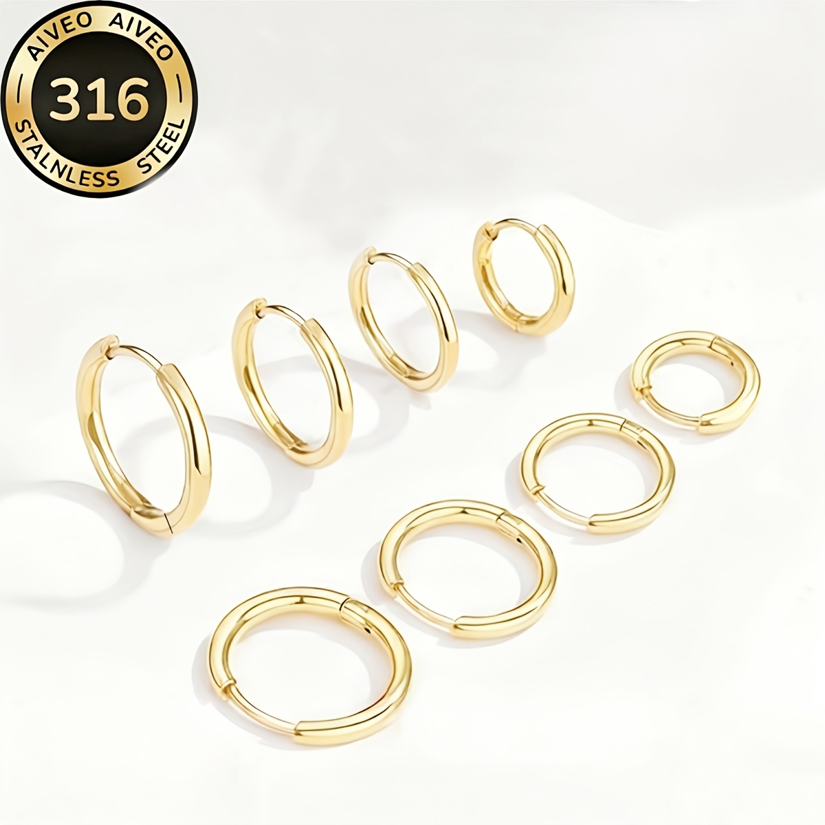 TEMU Juego de 8 pendientes de aro dorados elegantes de acero inoxidable hipoalergénico de calidad, resistentes a la decoloración, y elegantes,