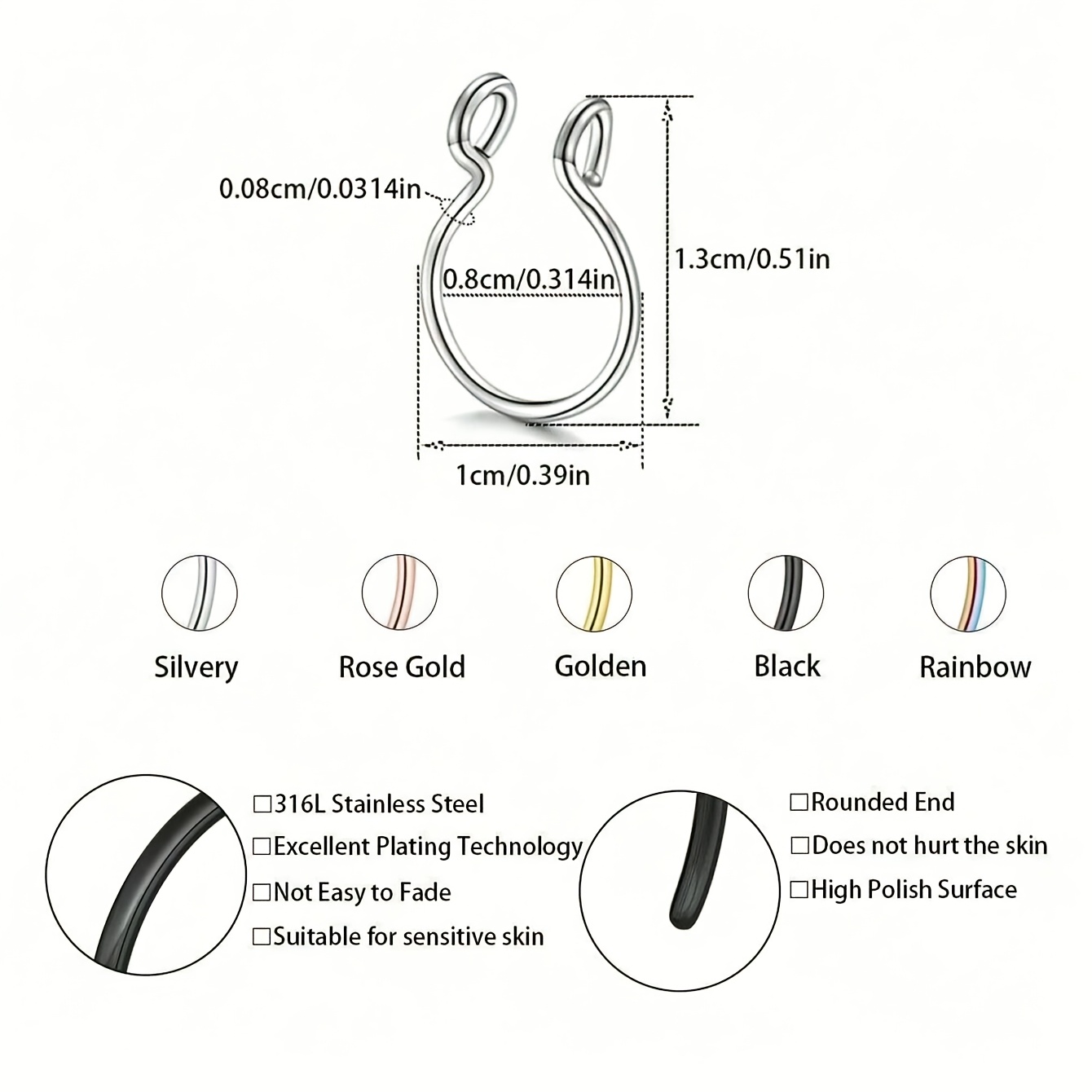 Women's Stainless Steel Round Faux Lip Ring Non-Piercing Nose Ring
