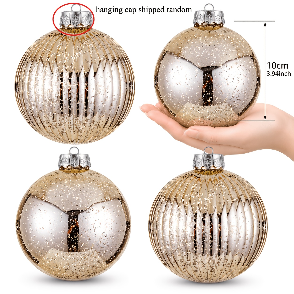 TEMU Lot de 4 grosses boules de Noël pailletées de 10 cm/3,94 pouces, décorations géantes suspendues pour sapin de Noël, très grandes boules de Noël