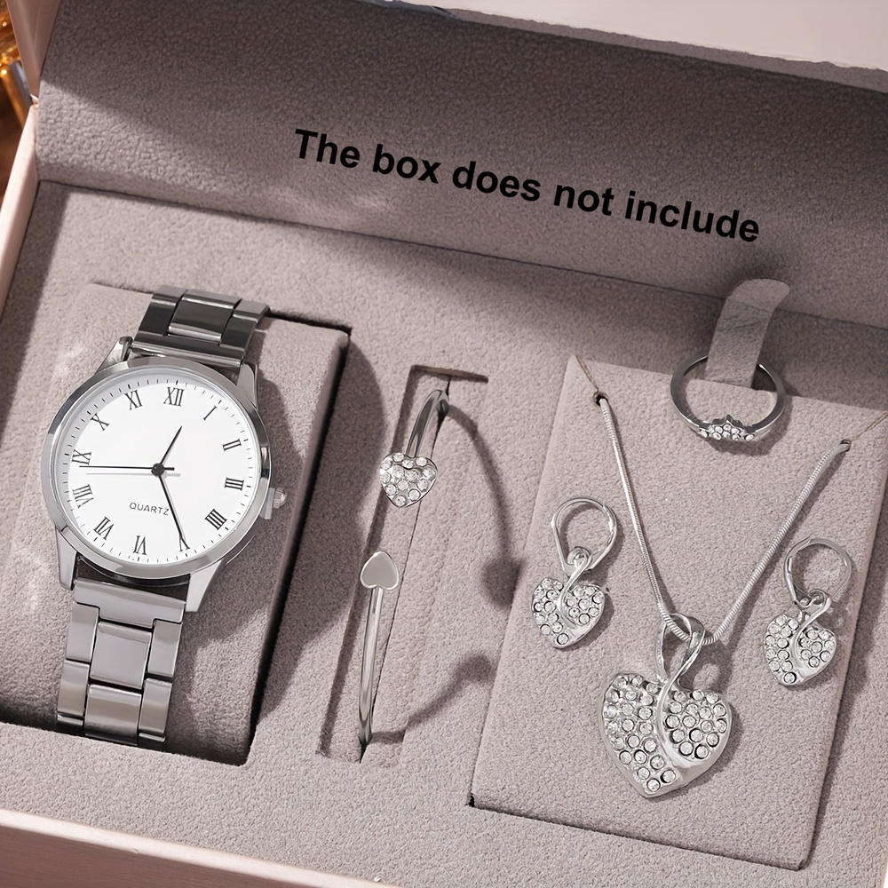 6pcs Elegant Women's Quartz Watch Set with Heart-Shaped Jewelry, Perfect Gift for Ladies, Non-Adjustable Alloy Strap, Classic Bar Markers Round Dial, Ideal Gift for Sisters and Mothers, Suitable for Ramadan or Casual Attire, No Packaging Box Included, Middle East Special Edition