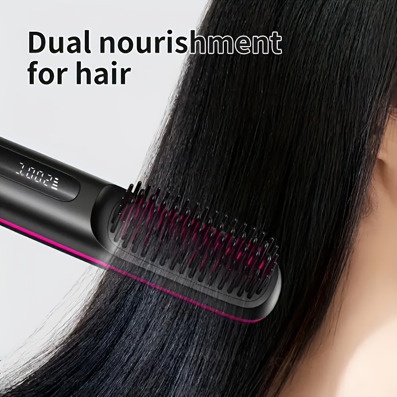 Portable Wireless Hair Straightener Comb | USB Charging, 3-speed Temperature Control, Negative Ion Technology, Long-lasting Luster, LED Display, Lightweight, Perfect for Travel, Includes Comb and Clip.