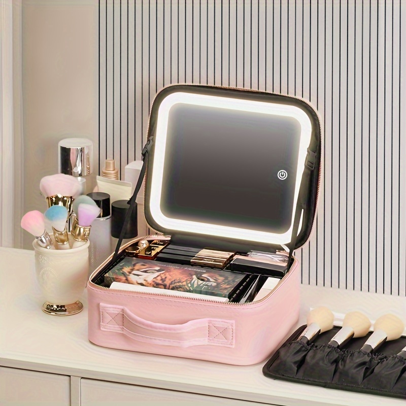 

Travel Makeup Bag Cosmetic Bag Makeup Organizer Bag With Lighted Mirror 3 Color Scenarios Adjustable Brightness, Waterproof Makeup Train Case