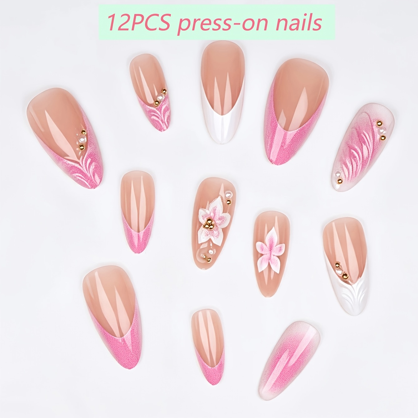TEMU Lot de 12 faux ongles d' à presser, à , pour femmes - Pointes d'ongles artificiels avec fleurs et plumes 3D et perles dorées, application à la